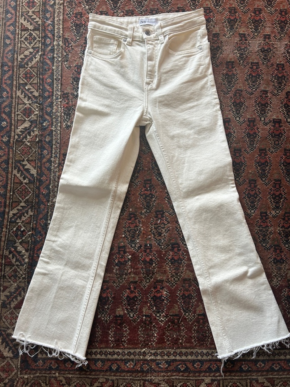Zara Cream high waisted Wide Leg Jeans frayed bottom